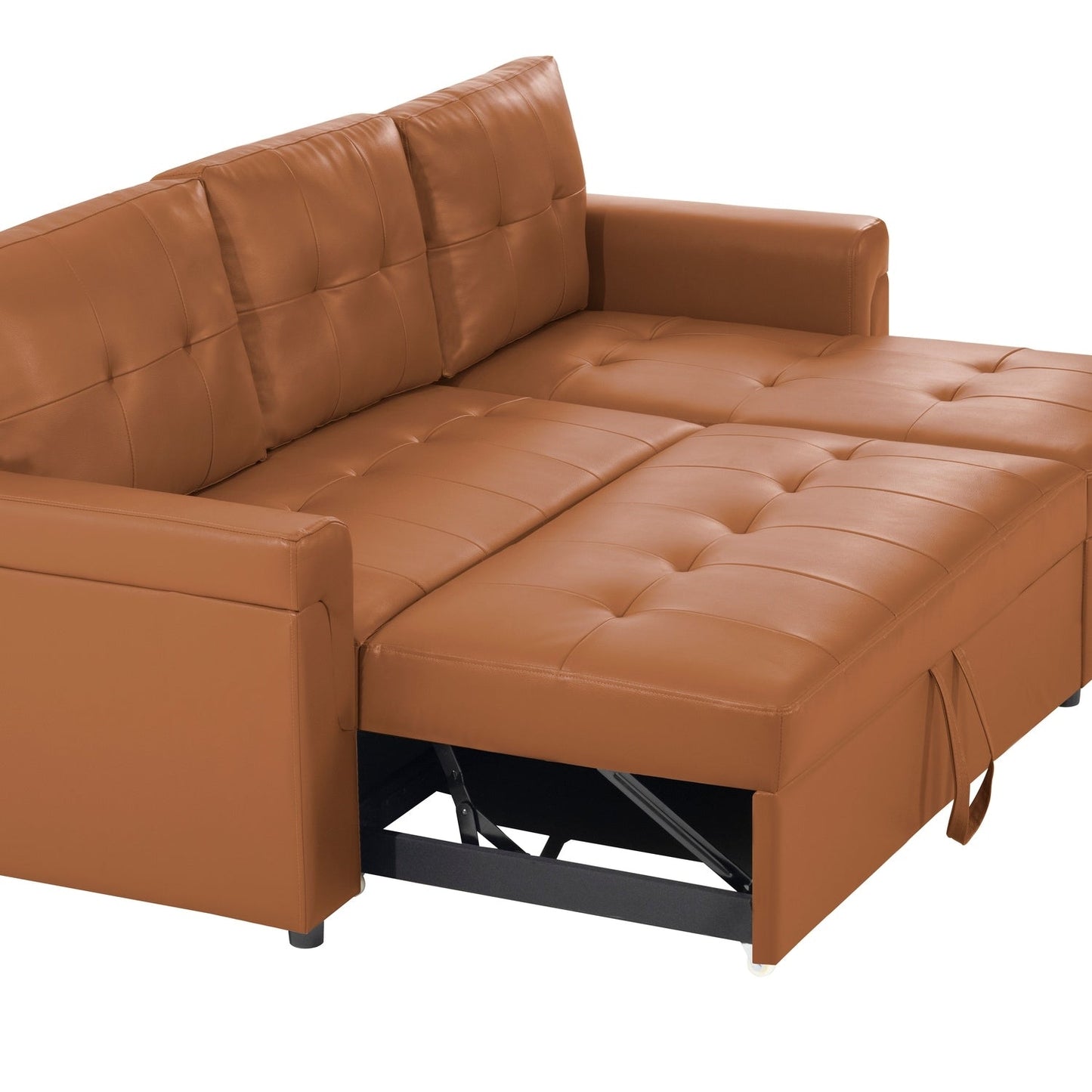 Canapé d'angle convertible et réversible avec lit escamotable, chaise longue avec rangement intégré et pieds robustes.