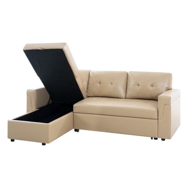 Canapé d'angle convertible et réversible avec lit escamotable, chaise longue avec rangement intégré et pieds robustes.
