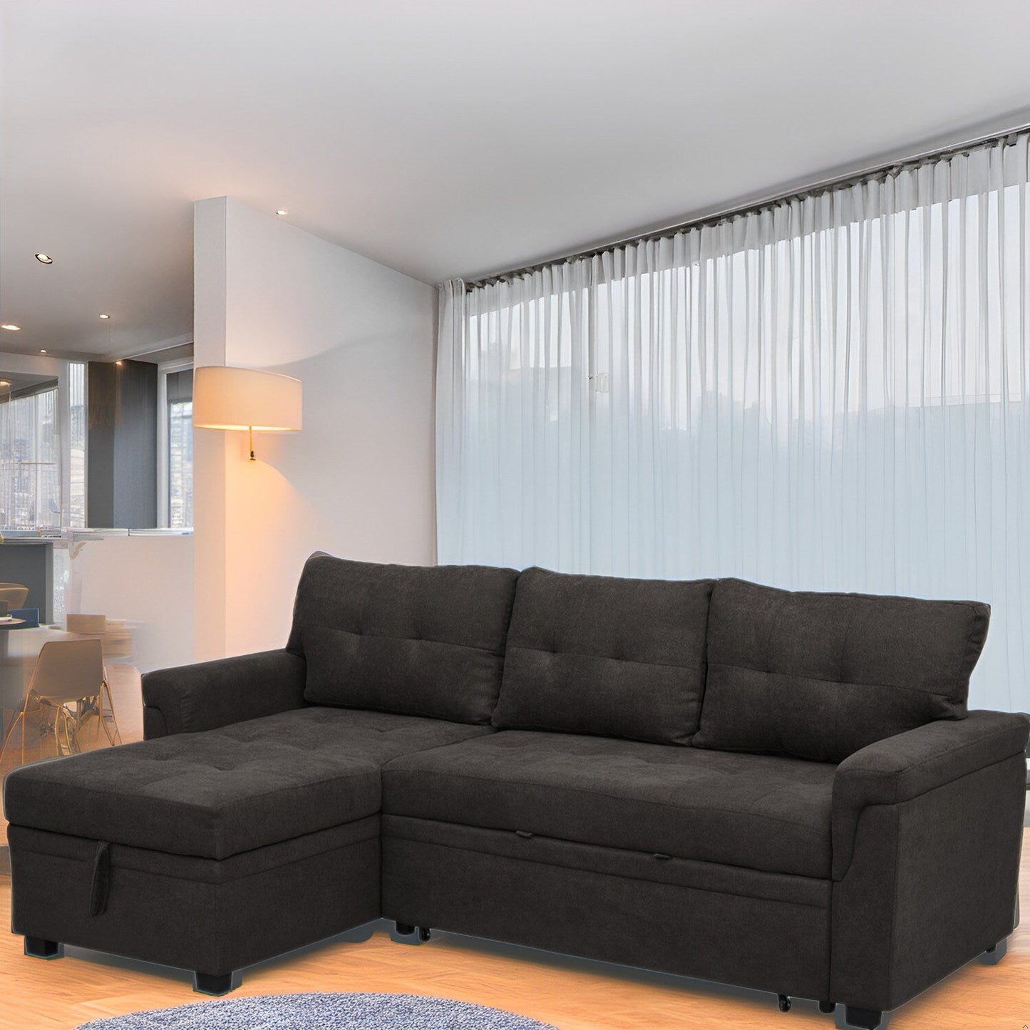 Canapé d'angle réversible avec lit escamotable, chaise longue avec rangement intégré, pieds robustes,