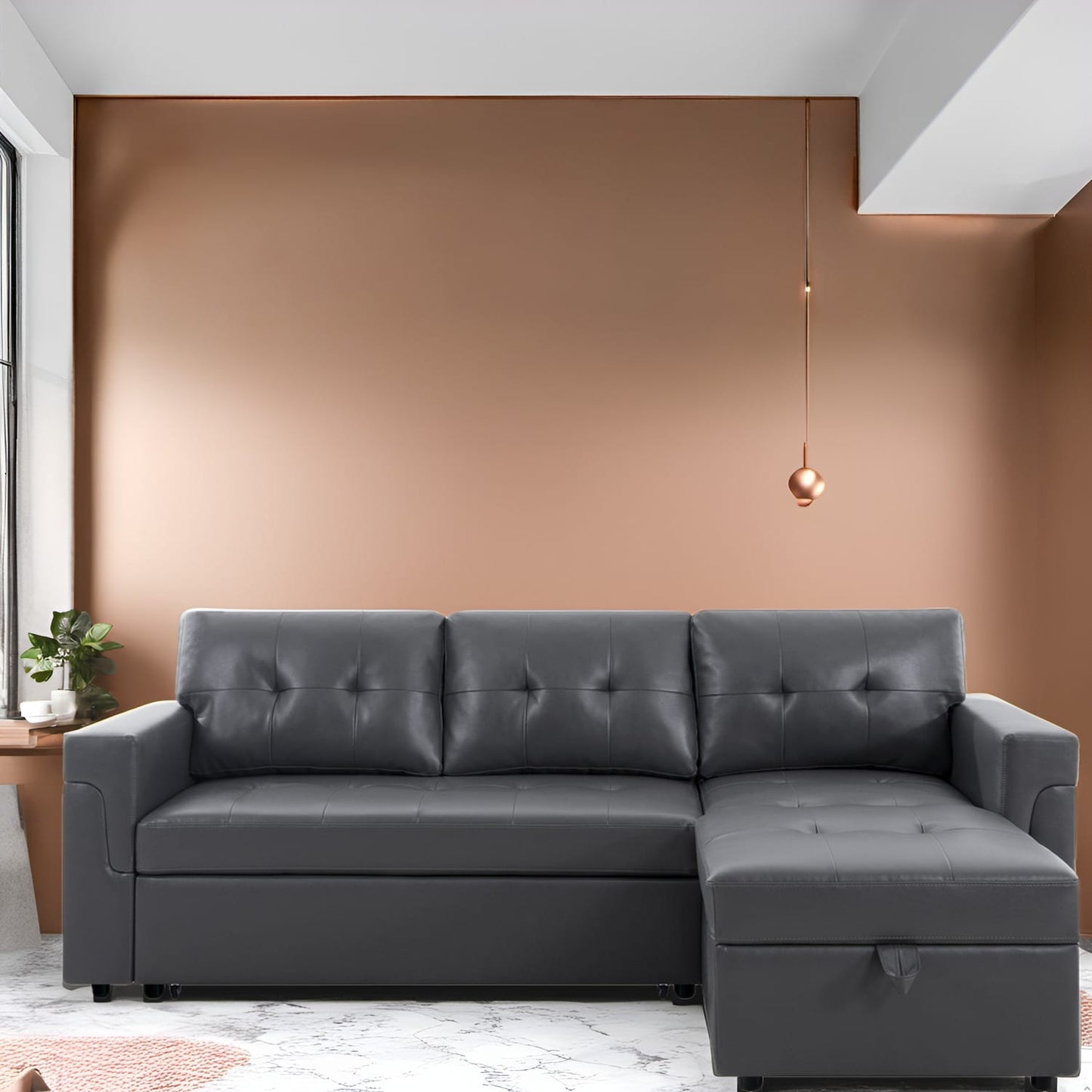 Canapé d'angle réversible avec lit escamotable, chaise longue avec rangement intégré, pieds robustes,