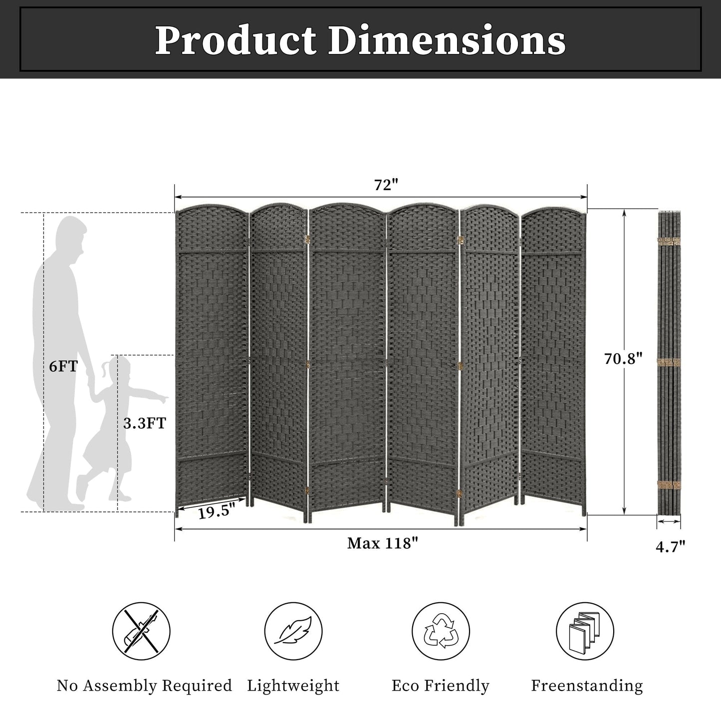 Paravent de séparation de pièce, hauteur 1,8 m, en fibre tressée, pliable, pour plus d'intimité.