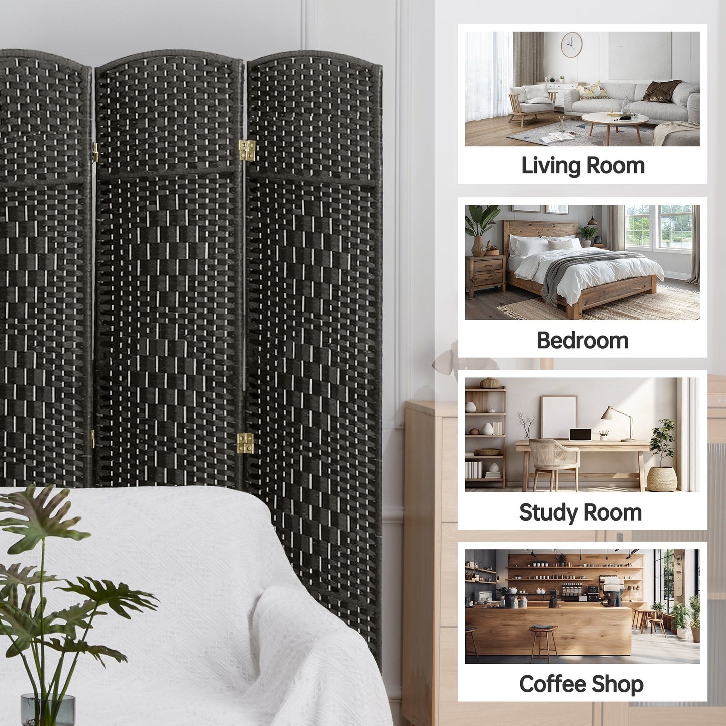 Paravent de séparation de pièce, hauteur 1,8 m, en fibre tressée, pliable, pour plus d'intimité.