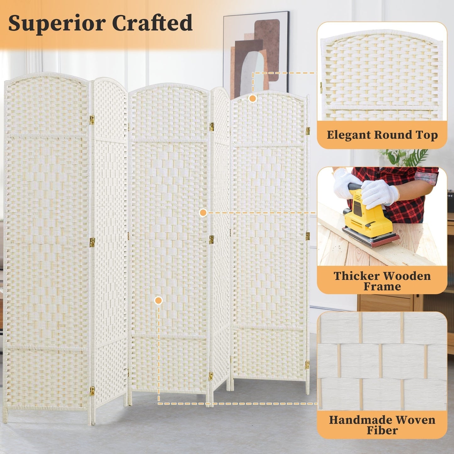 Paravent de séparation de pièce, hauteur 1,8 m, en fibre tressée, pliable, pour plus d'intimité.