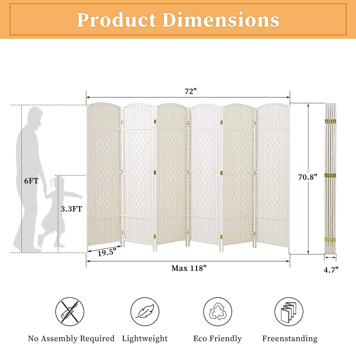Paravent de séparation de pièce, hauteur 1,8 m, en fibre tressée, pliable, pour plus d'intimité.