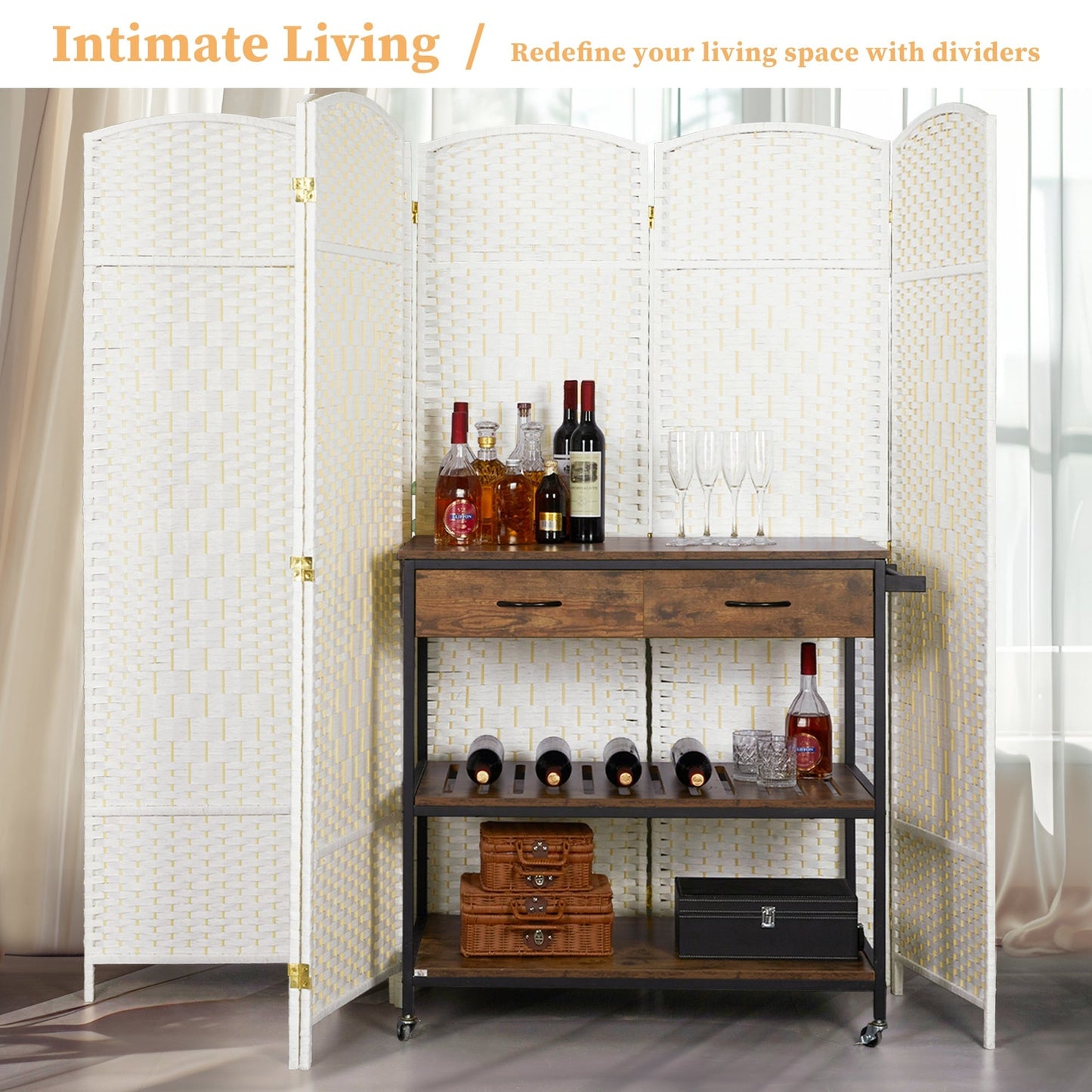 Paravent de séparation de pièce, hauteur 1,8 m, en fibre tressée, pliable, pour plus d'intimité.