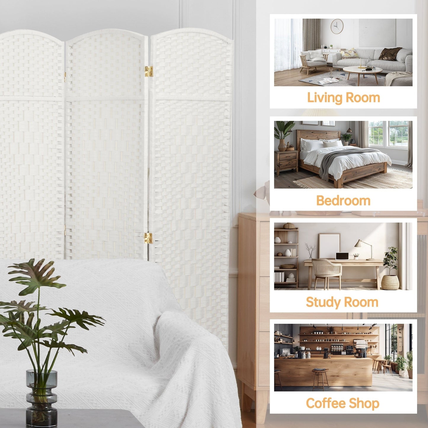 Paravent de séparation de pièce, hauteur 1,8 m, en fibre tressée, pliable, pour plus d'intimité.