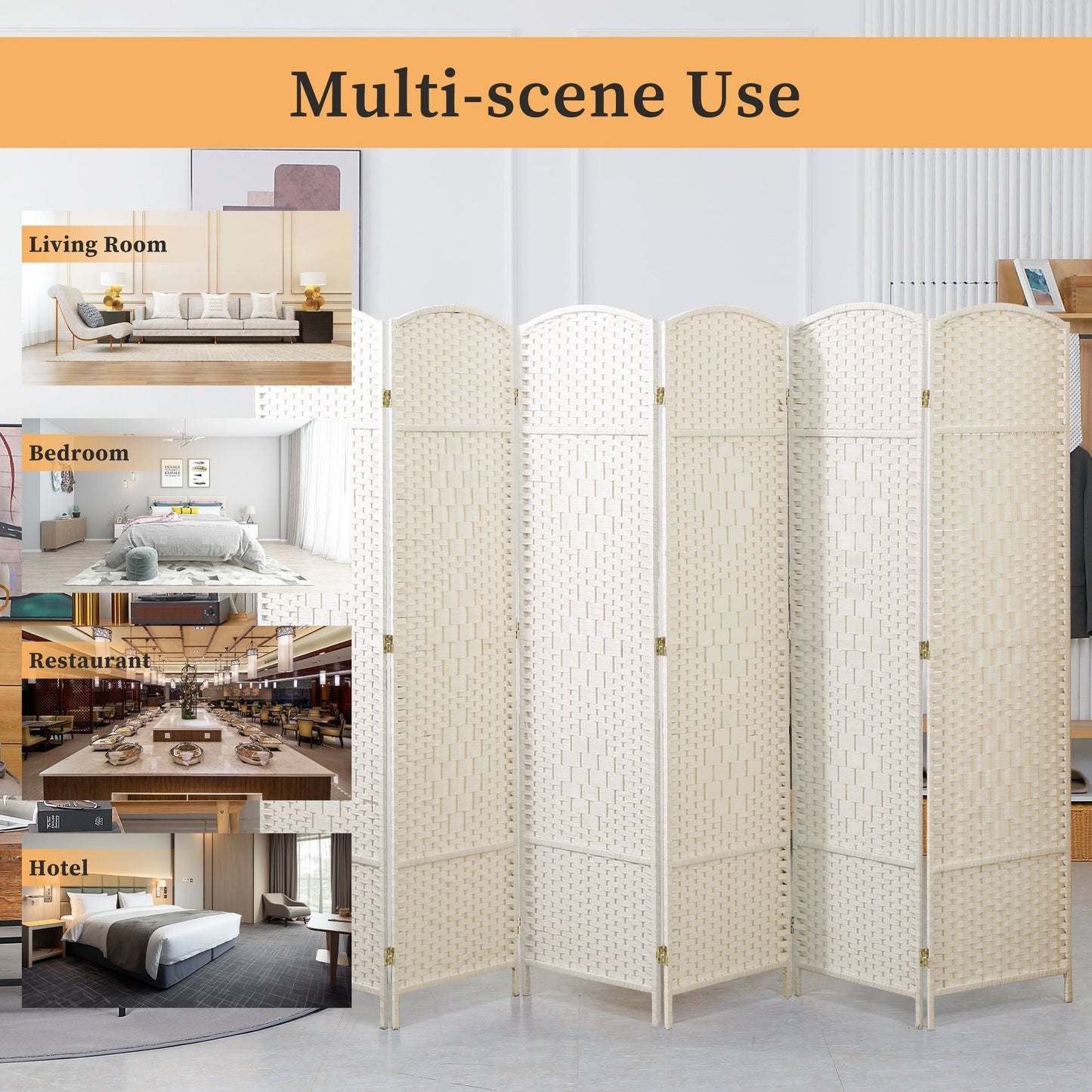 Paravent de séparation de pièce, hauteur 1,8 m, en fibre tressée, pliable, pour plus d'intimité.