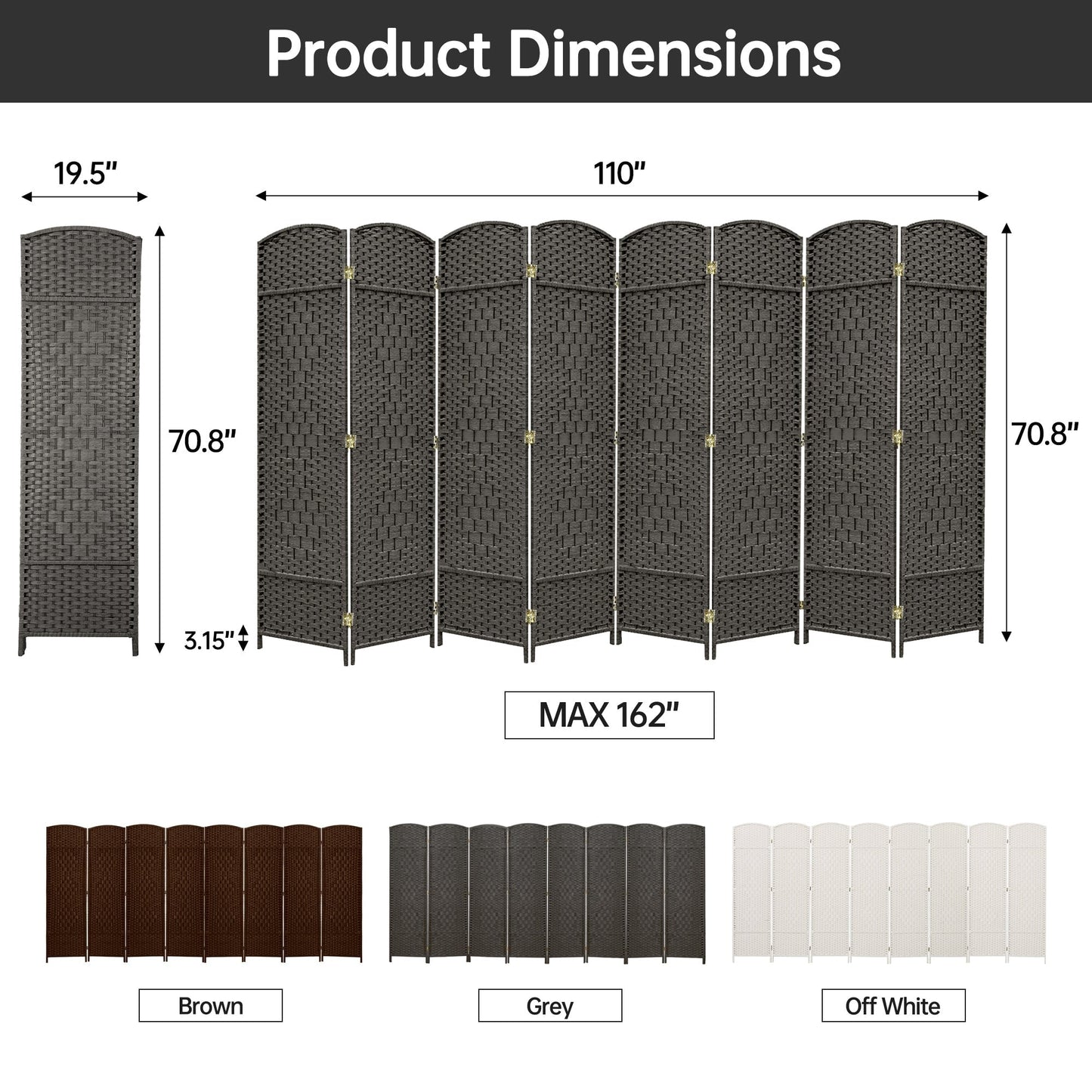 Paravent de séparation de pièce, hauteur 1,8 m, en fibre tressée, pliable, pour plus d'intimité.