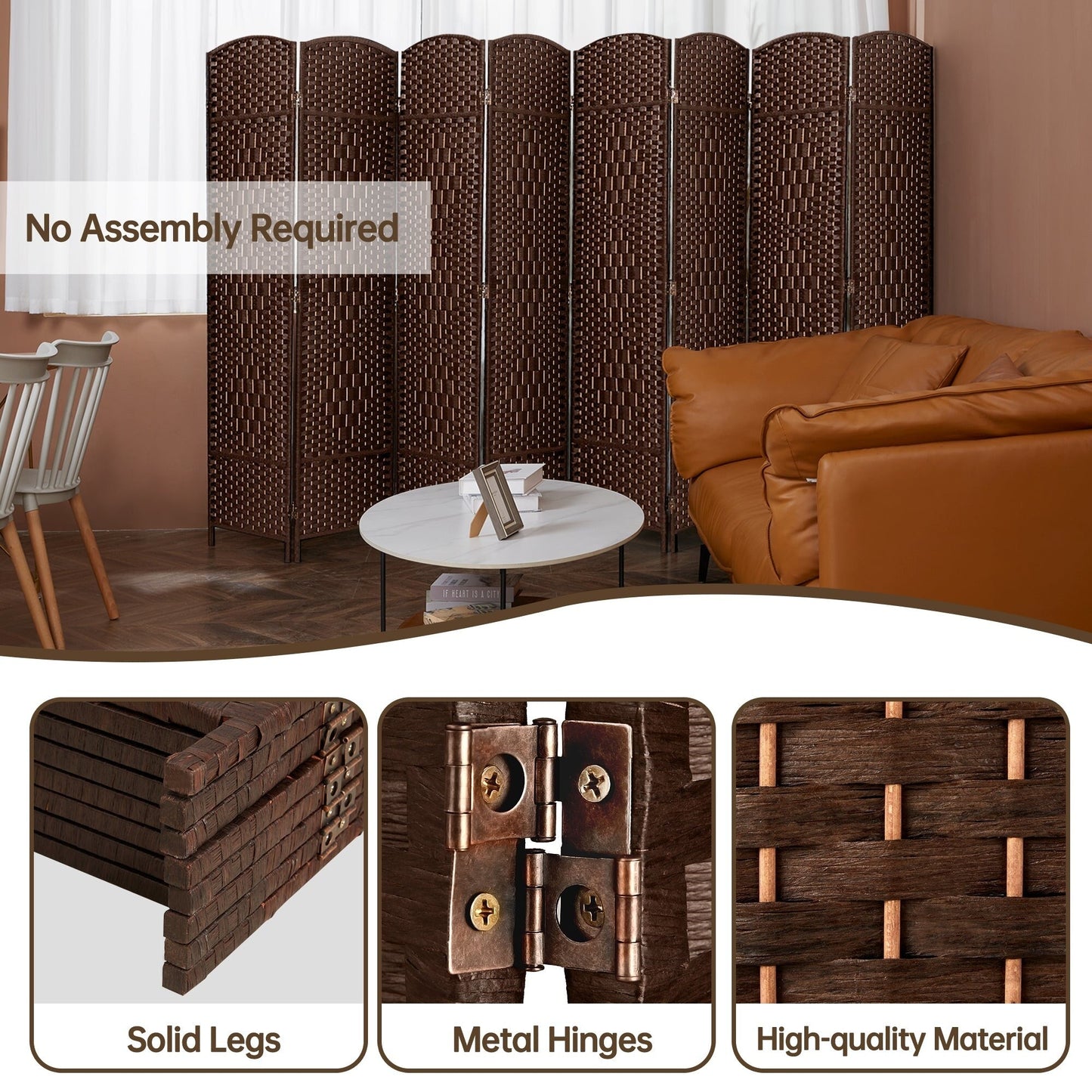 Paravent de séparation de pièce, hauteur 1,8 m, en fibre tressée, pliable, pour plus d'intimité.