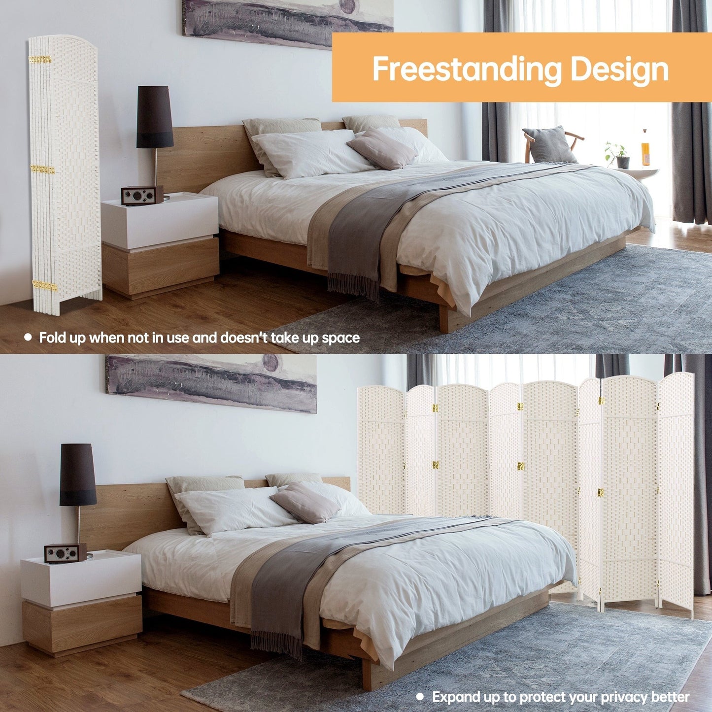 Paravent de séparation de pièce, hauteur 1,8 m, en fibre tressée, pliable, pour plus d'intimité.