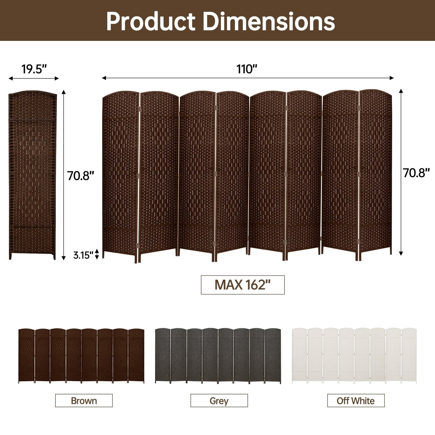 Paravent de séparation de pièce, hauteur 1,8 m, en fibre tressée, pliable, pour plus d'intimité.