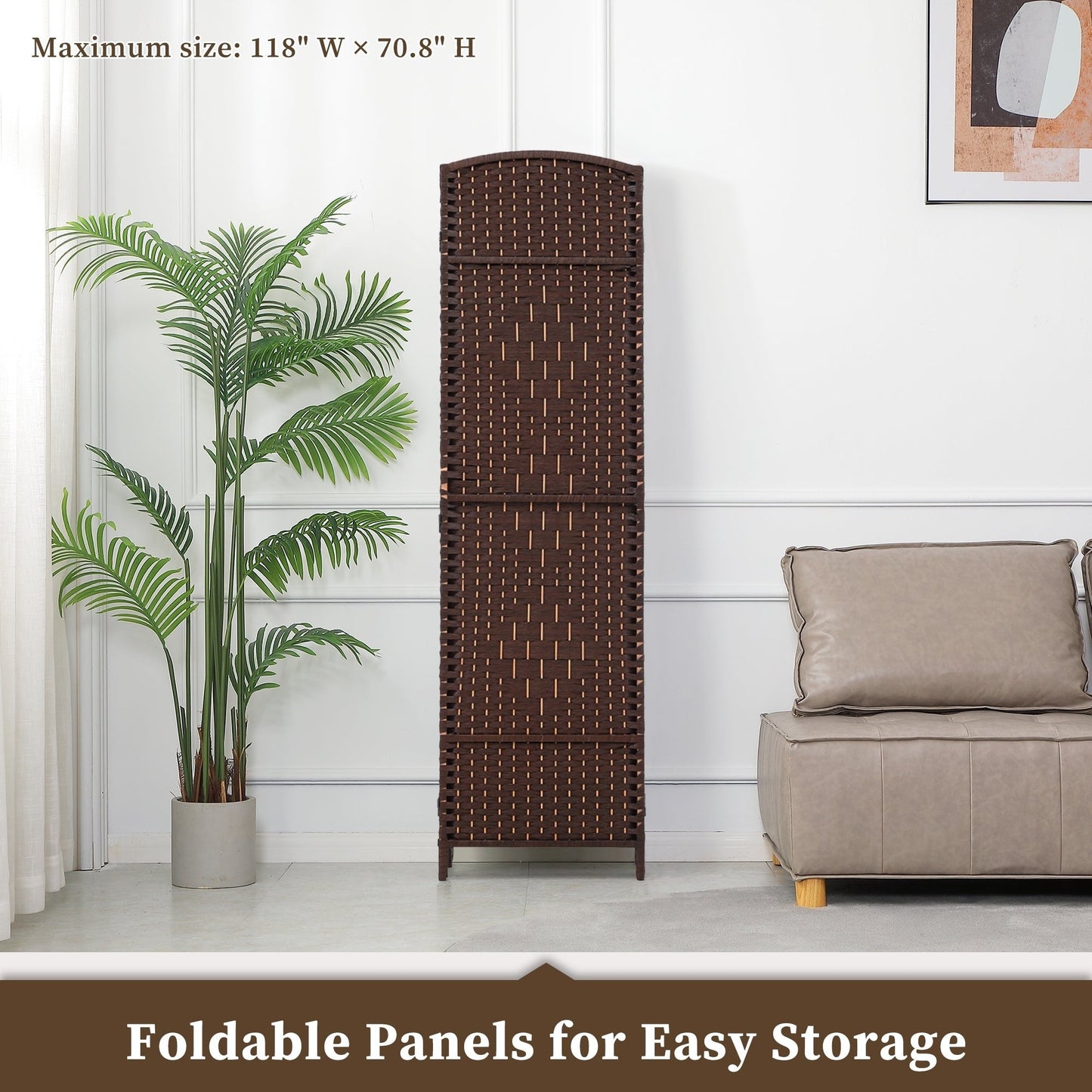 Paravent de séparation de pièce, hauteur 1,8 m, en fibre tressée, pliable, pour plus d'intimité.