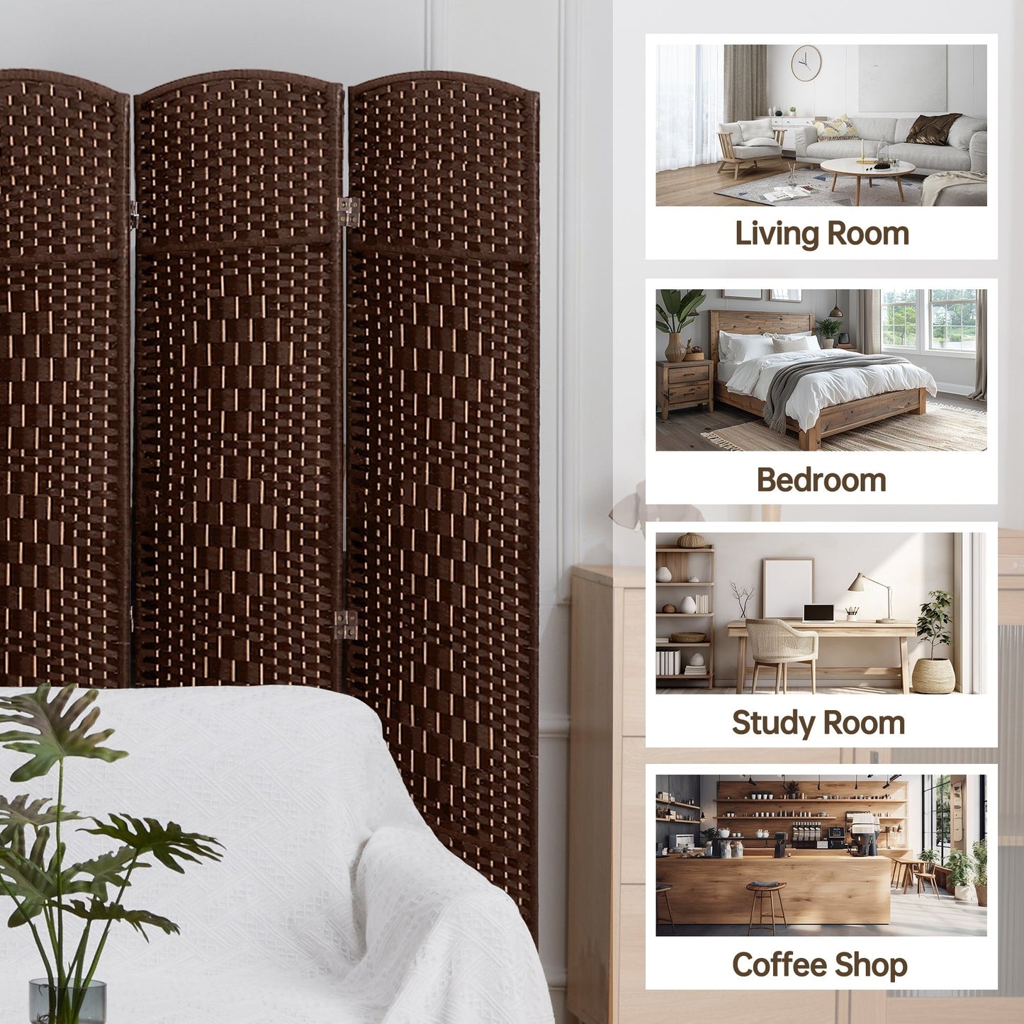 Paravent de séparation de pièce, hauteur 1,8 m, en fibre tressée, pliable, pour plus d'intimité.