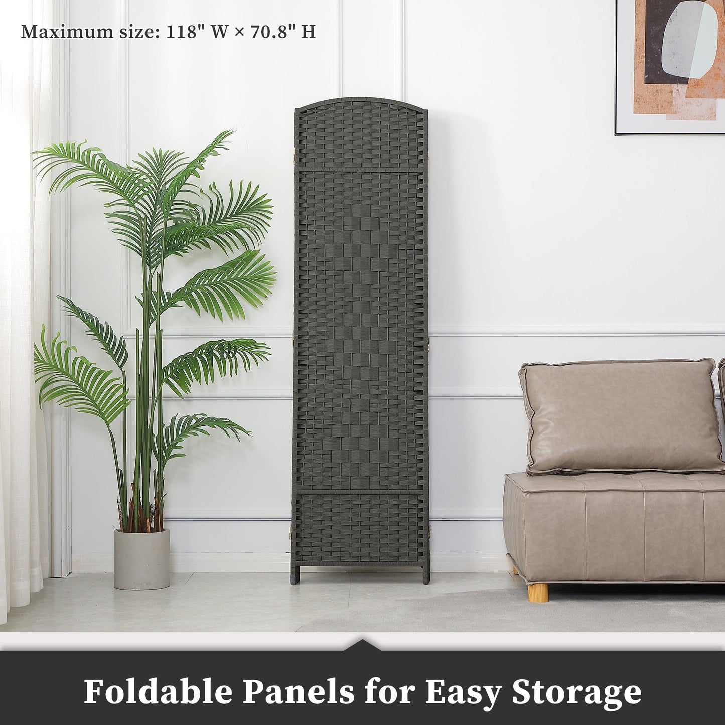 Paravent de séparation de pièce, hauteur 1,8 m, en fibre tressée, pliable, pour plus d'intimité.