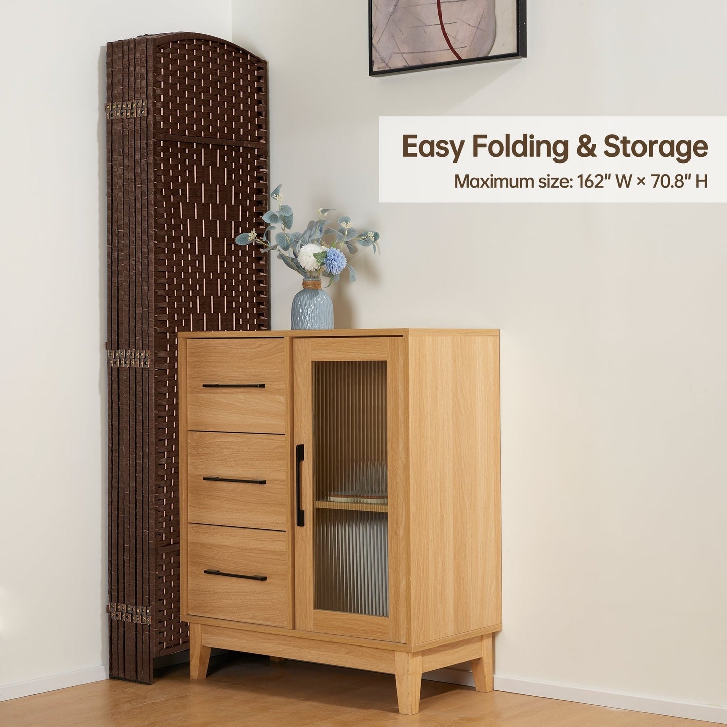 Paravent de séparation de pièce, hauteur 1,8 m, en fibre tressée, pliable, pour plus d'intimité.