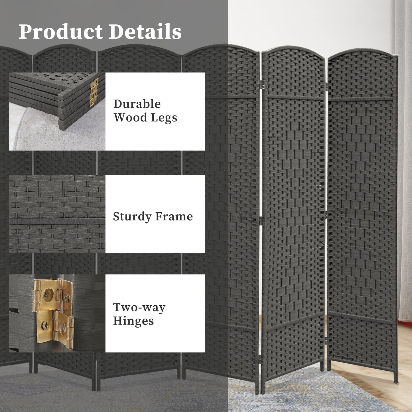 Paravent de séparation de pièce, hauteur 1,8 m, en fibre tressée, pliable, pour plus d'intimité.