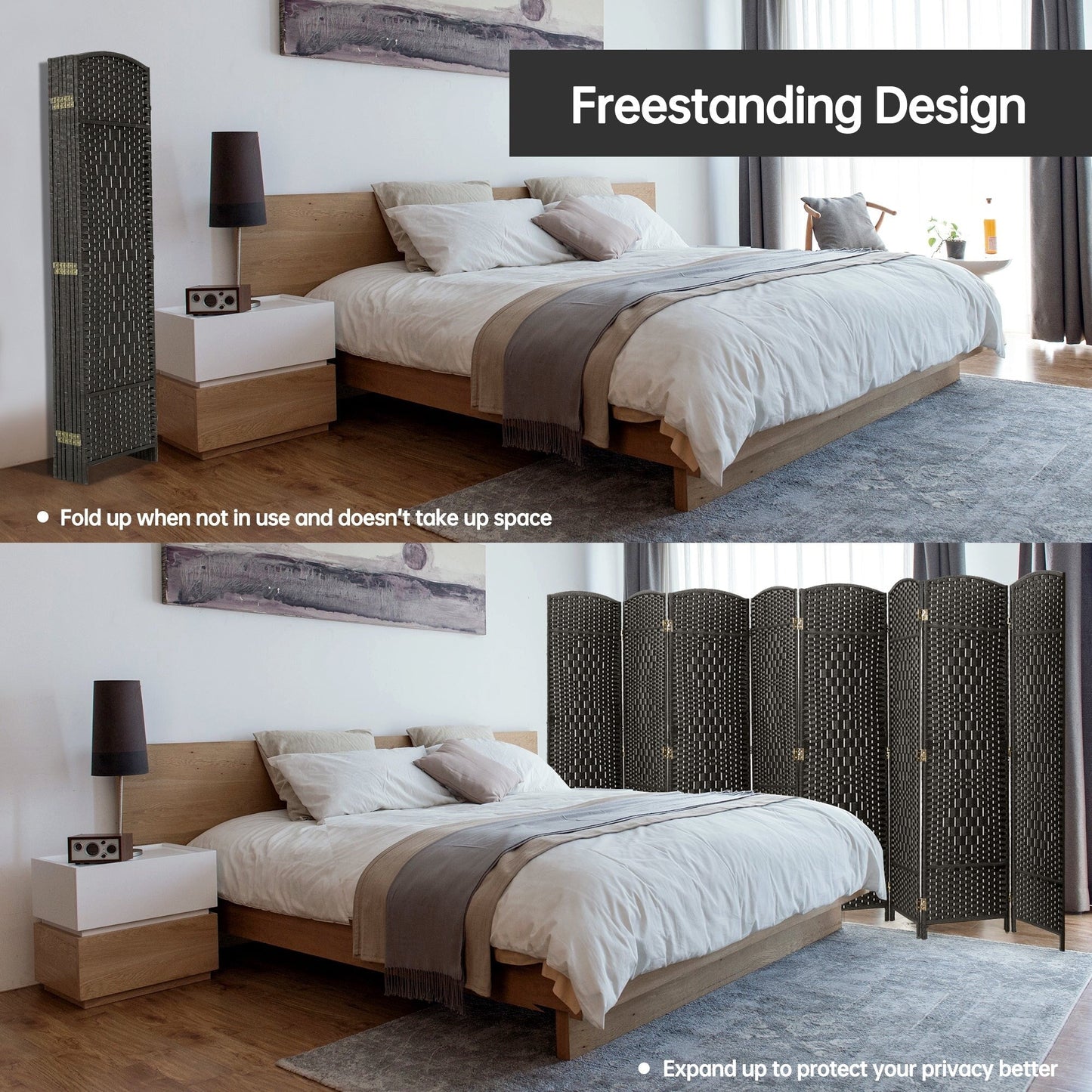 Paravent de séparation de pièce, hauteur 1,8 m, en fibre tressée, pliable, pour plus d'intimité.