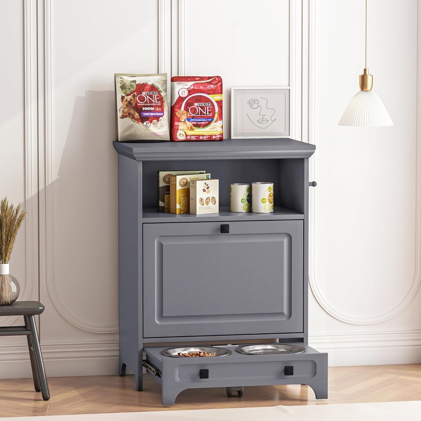 Station d'alimentation pour chien Roomfitters avec 2 gamelles surélevées, meuble de rangement basculant pour l'alimentation des animaux domestiques