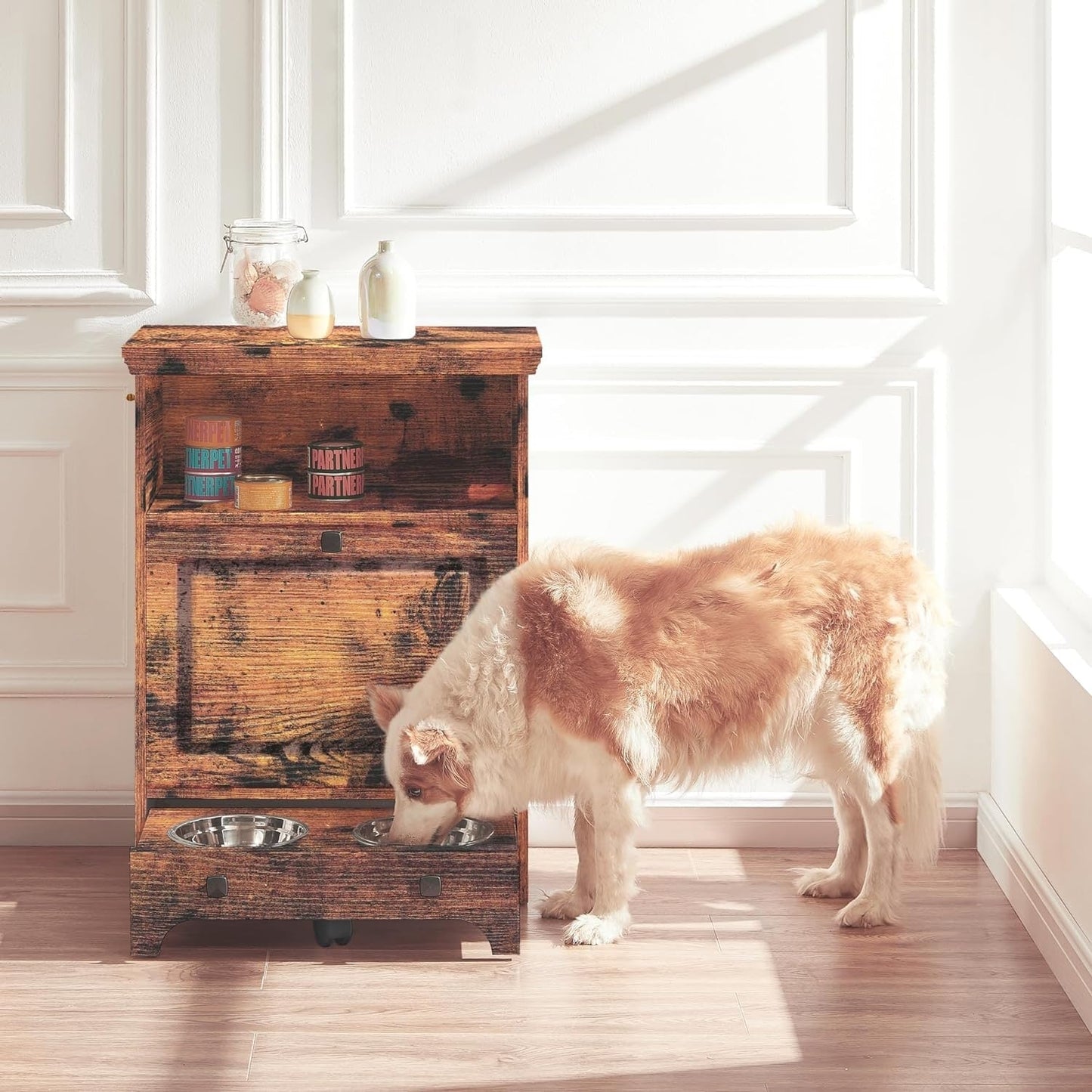 Station d'alimentation pour chien Roomfitters avec 2 gamelles surélevées, meuble de rangement basculant pour l'alimentation des animaux domestiques