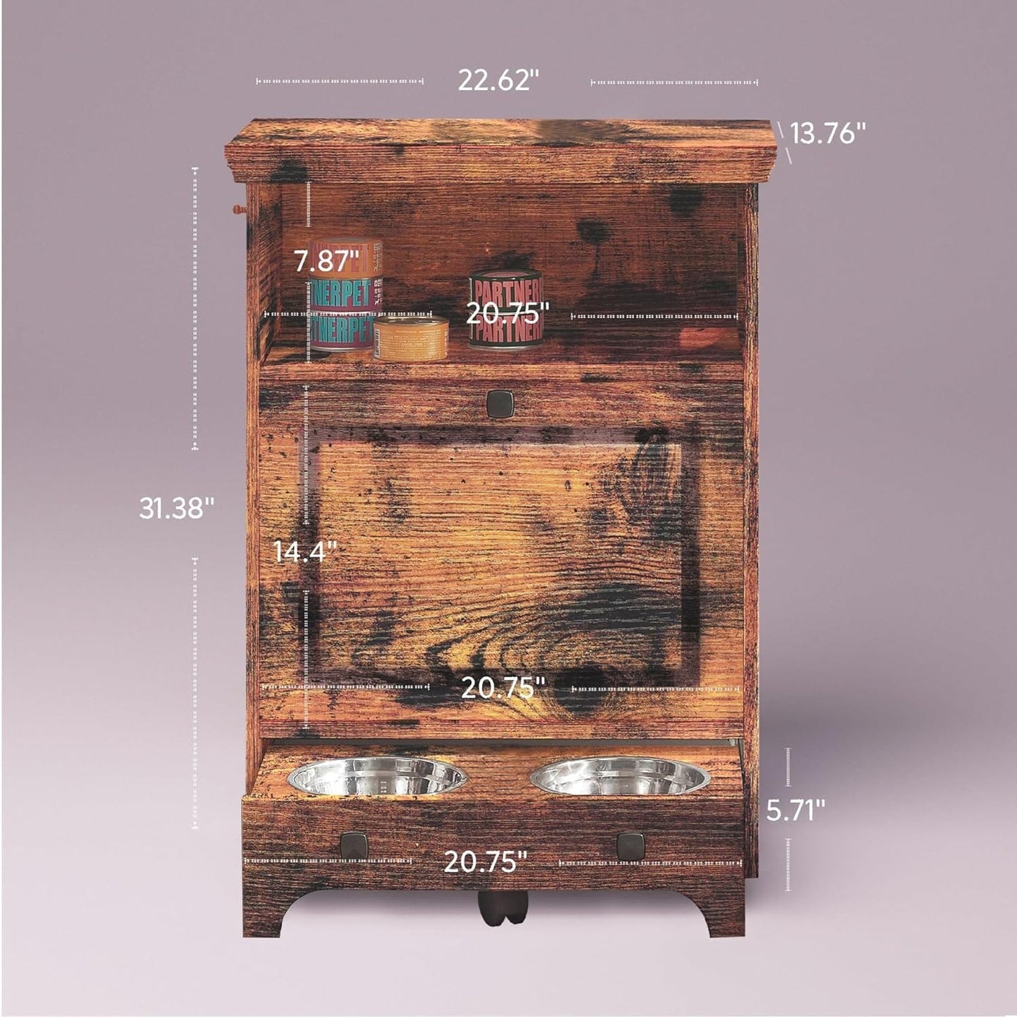 Station d'alimentation pour chien Roomfitters avec 2 gamelles surélevées, meuble de rangement basculant pour l'alimentation des animaux domestiques