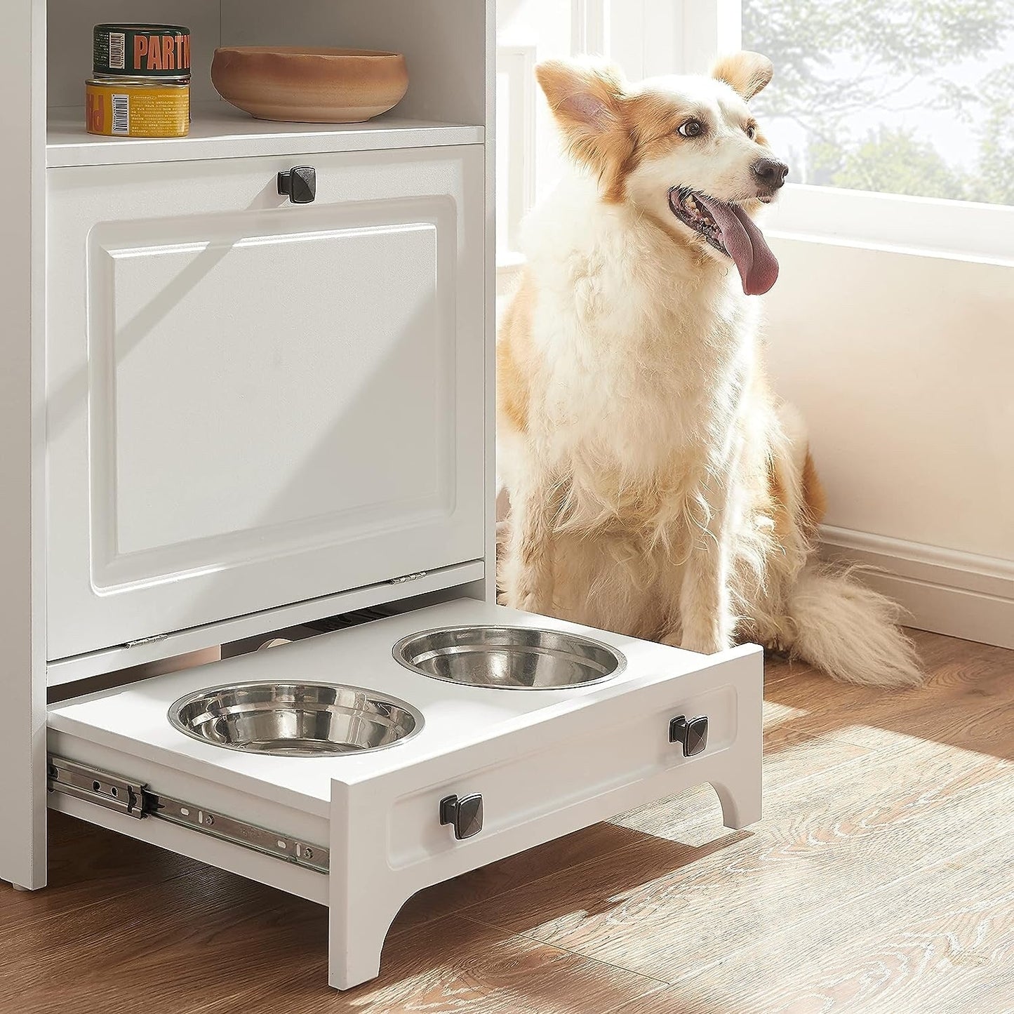 Station d'alimentation pour chien Roomfitters avec 2 gamelles surélevées, meuble de rangement basculant pour l'alimentation des animaux domestiques