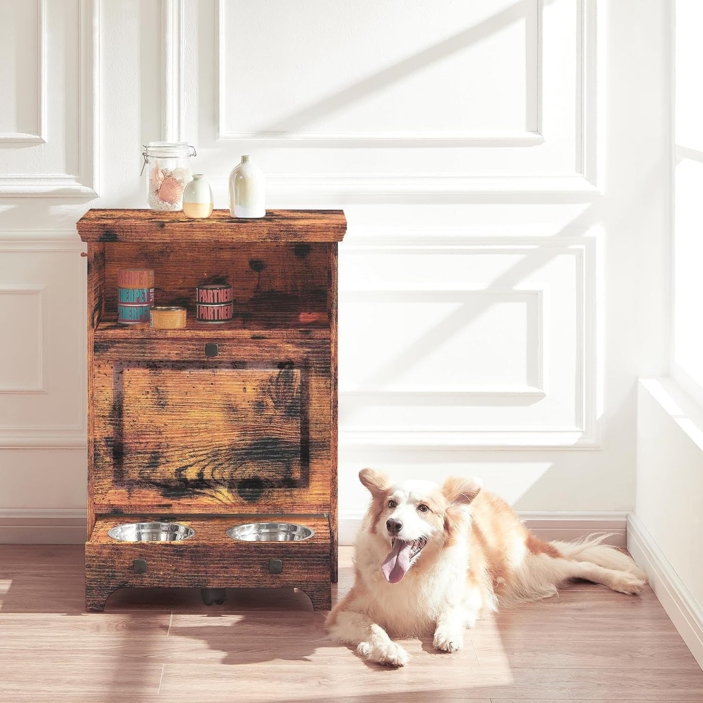 Station d'alimentation pour chien Roomfitters avec 2 gamelles surélevées, meuble de rangement basculant pour l'alimentation des animaux domestiques