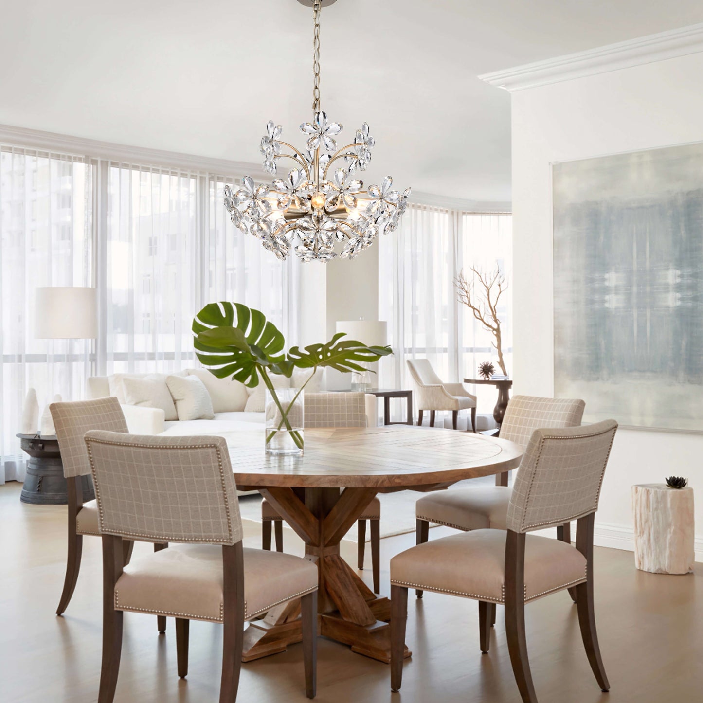 Luminaire Rosa à 6 lumières, en cristal de champagne argenté brossé, en forme de fleur.