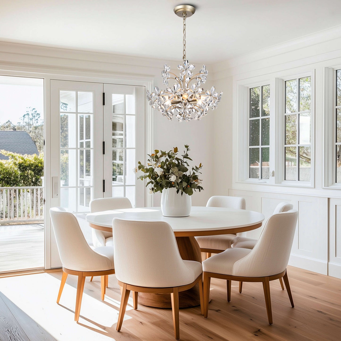 Luminaire Rosa à 6 lumières, en cristal de champagne argenté brossé, en forme de fleur.