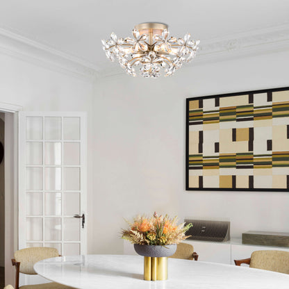 Rosa Plafonnier à 6 lumières avec cristaux en forme de fleur, couleur champagne argenté brossé - 45 cm de diamètre x 22 cm de hauteur