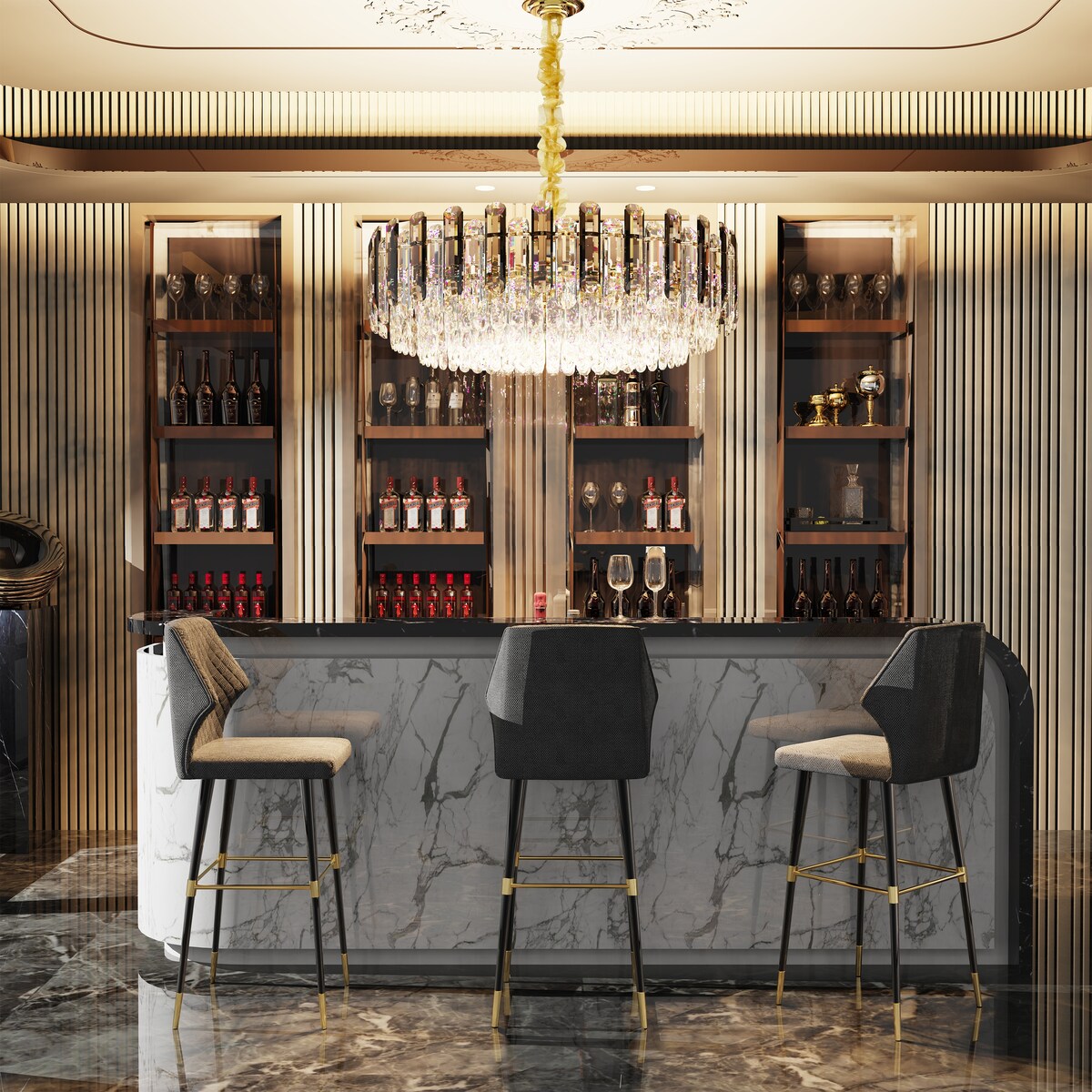 Suspension lumineuse à plusieurs couches de cristal rond avec éclairage à 3 couleurs.