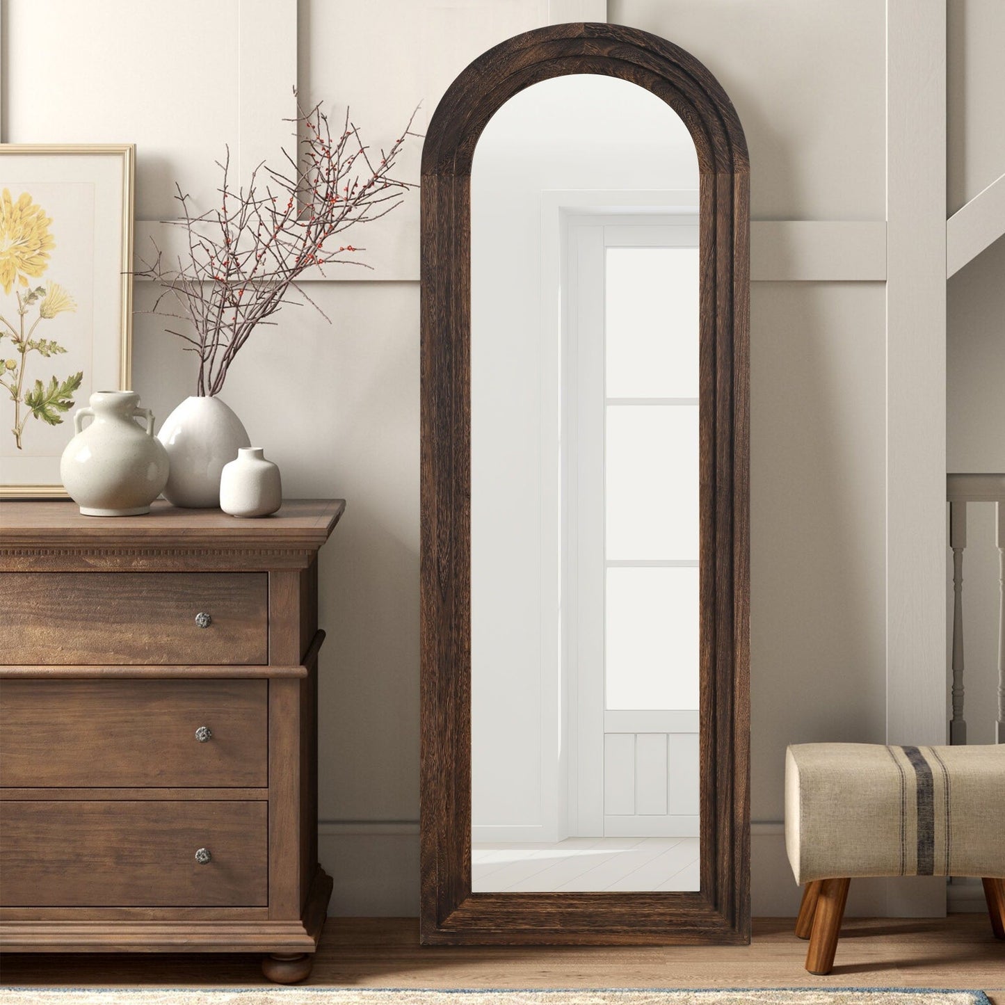 Dovelina Miroir mural en bois vieilli à arche rustique, miroir au sol pleine longueur