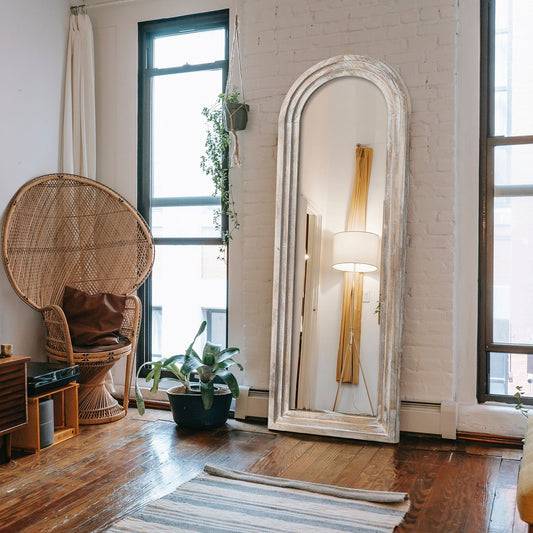 Dovelina Miroir mural en bois vieilli à arche rustique, miroir au sol pleine longueur