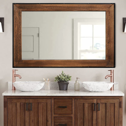 Grand miroir de salle de bain mural avec cadre en bois et fer naturel de style rustique