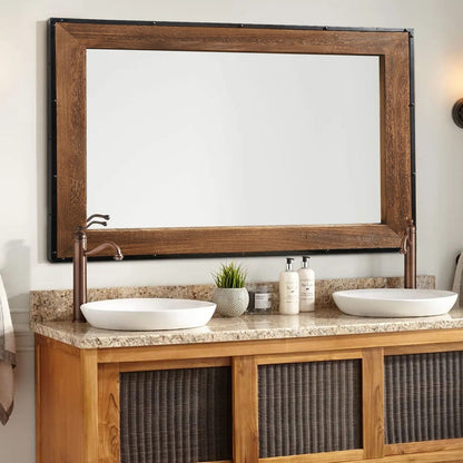 Grand miroir de salle de bain mural avec cadre en bois et fer naturel de style rustique