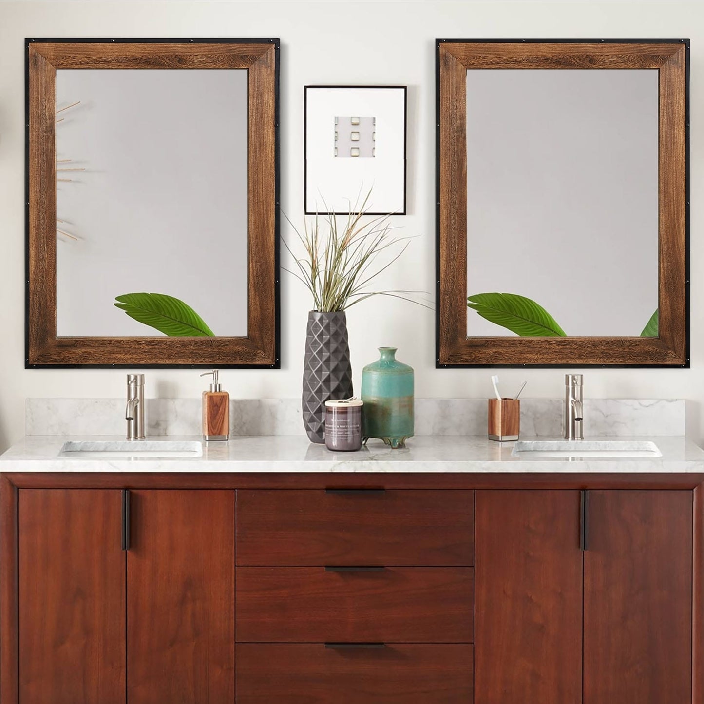 Grand miroir de salle de bain mural avec cadre en bois et fer naturel de style rustique