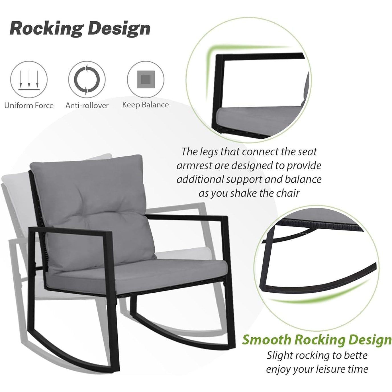 Ensemble de bistro à balançoire de patio extérieur SUNCROWN en métal noir, 3 pièces