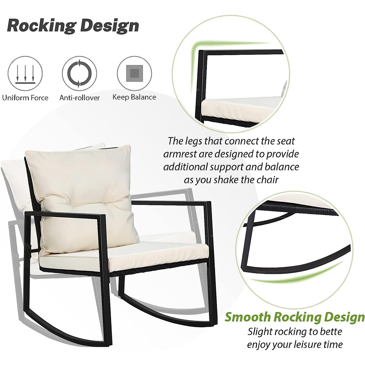 Ensemble de bistro à balançoire de patio extérieur SUNCROWN en métal noir, 3 pièces