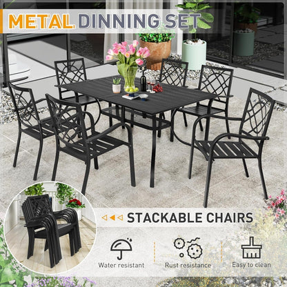 SUNCROWN Ensemble de repas d'extérieur pour patio, 5/7 pièces, en acier, avec table à lattes métalliques et chaises empilables, cadre à revêtement en poudre.