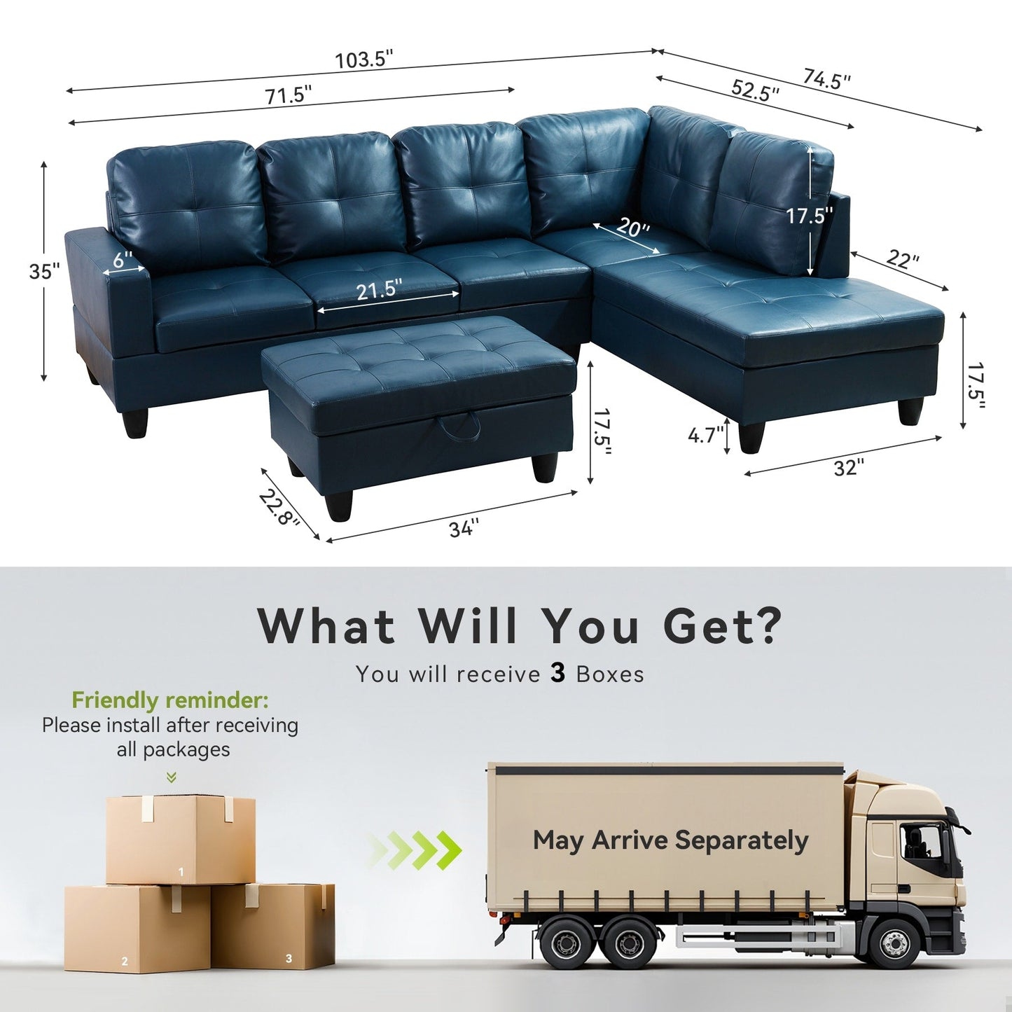 Semi PU Synthetic Leather 3-Piece Couch Living Room Sofa Set