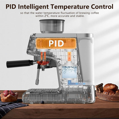 Machine à café semi-automatique avec contrôle intelligent de la température et fonction eau chaude, 30 réglages de mouture.
