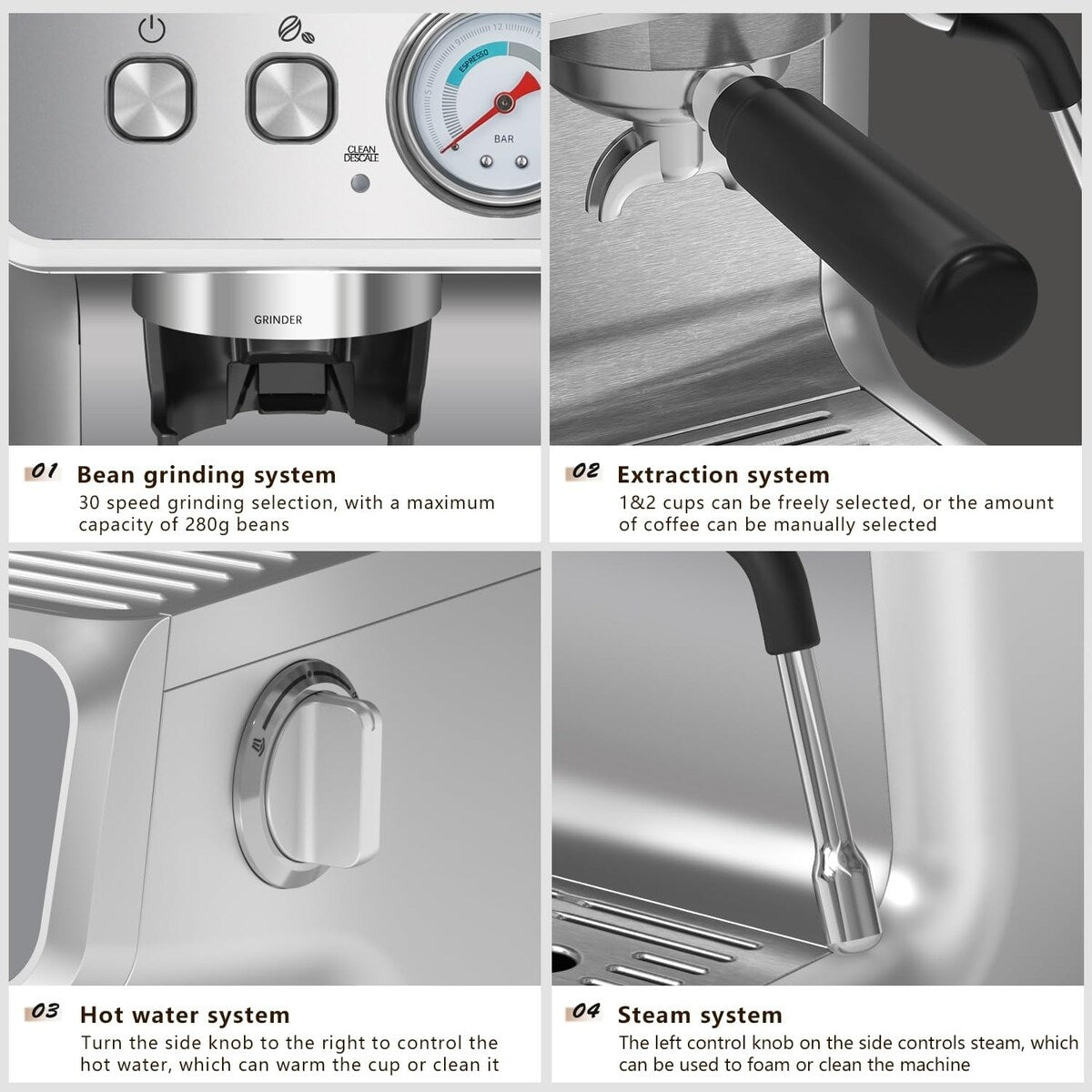 Machine à café semi-automatique avec contrôle intelligent de la température et fonction eau chaude, 30 réglages de mouture.
