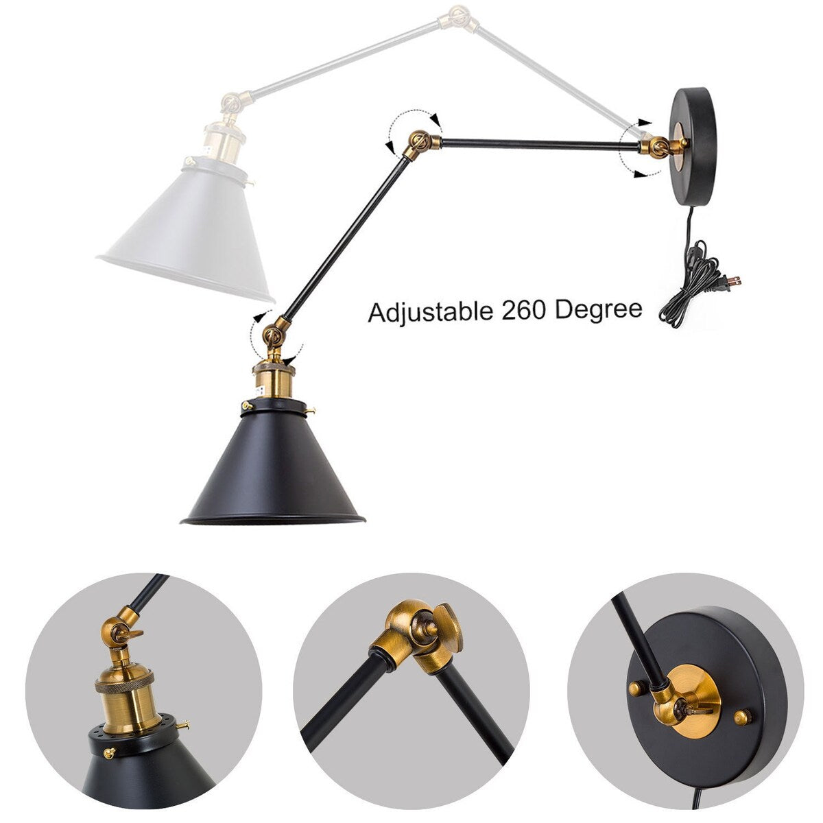 Malryn Lot de 2 appliques murales modernes à bras oscillant réglable, à brancher ou à câbler directement