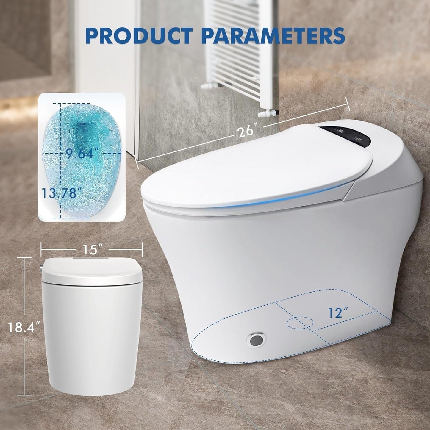 Toilettes intelligentes, toilettes-bidet monobloc pour salles de bain, toilettes modernes allongées avec eau chaude, double chasse d'eau automatique, fonctionnement par capteur de pied.