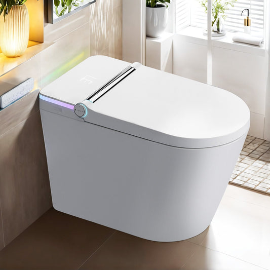 Toilettes intelligentes, toilettes-bidet monobloc pour salles de bain, toilettes modernes allongées avec eau chaude, double chasse d'eau automatique, fonctionnement par capteur de pied.