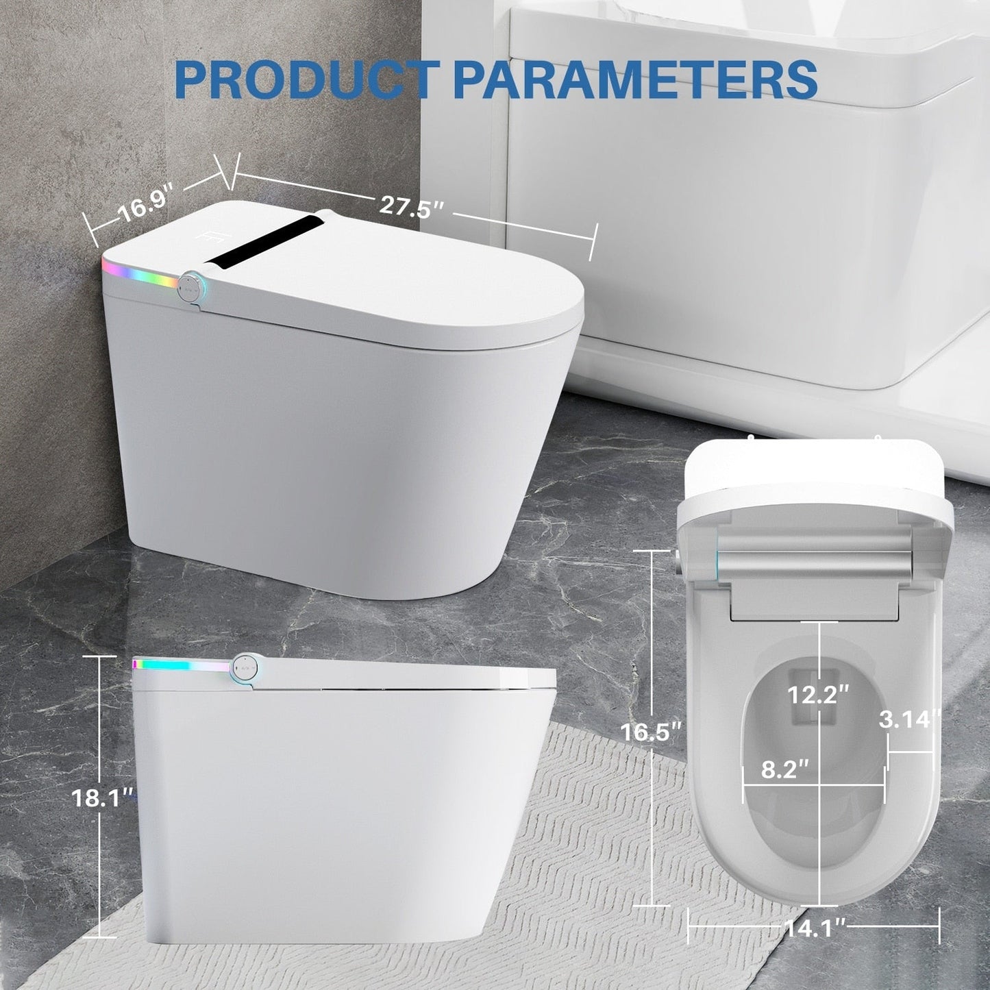 Toilettes intelligentes, toilettes-bidet monobloc pour salles de bain, toilettes modernes allongées avec eau chaude, double chasse d'eau automatique, fonctionnement par capteur de pied.