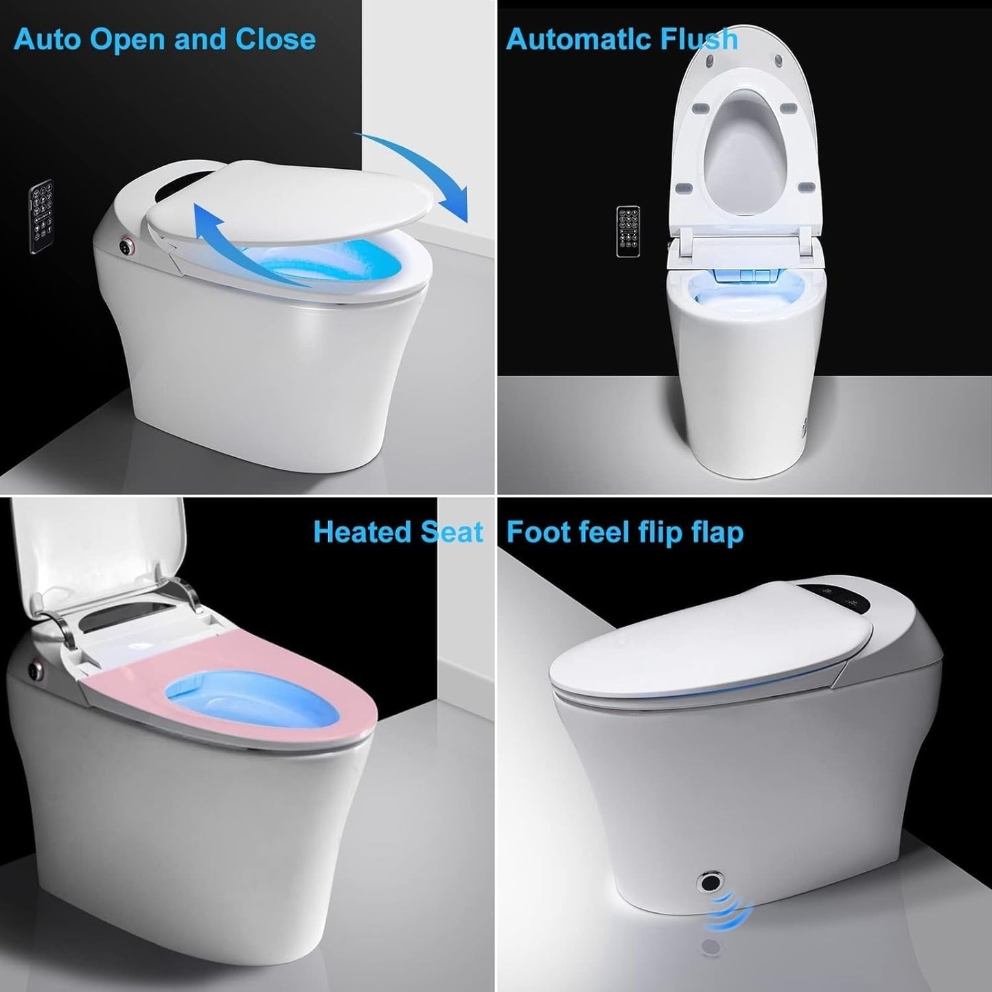 Toilettes intelligentes, toilettes-bidet monobloc pour salles de bain, toilettes modernes allongées avec eau chaude, double chasse d'eau automatique, fonctionnement par capteur de pied.