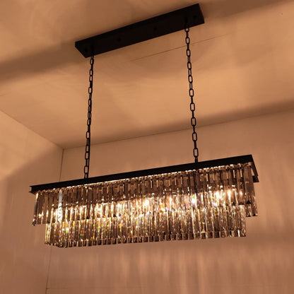Luminaire suspendu à 2 niveaux pour îlot de cuisine, style moderne et contemporain, avec cristaux, gris fumé et noir, 47 po. Idéal pour salle à manger.