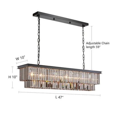 Luminaire suspendu à 2 niveaux pour îlot de cuisine, style moderne et contemporain, avec cristaux, gris fumé et noir, 47 po. Idéal pour salle à manger.