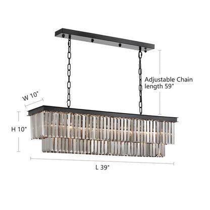 Luminaire suspendu à 2 niveaux pour îlot de cuisine, style moderne et contemporain, avec cristaux, gris fumé et noir, 47 po. Idéal pour salle à manger.