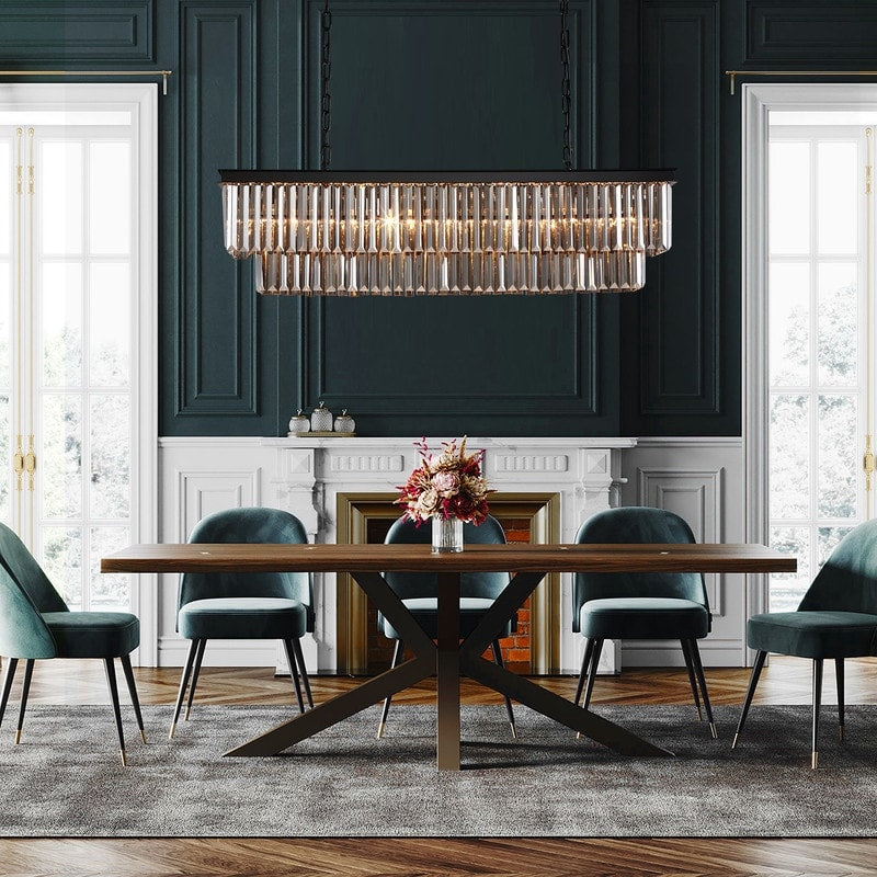 Luminaire suspendu à 2 niveaux pour îlot de cuisine, style moderne et contemporain, avec cristaux, gris fumé et noir, 47 po. Idéal pour salle à manger.